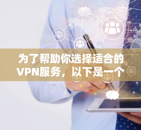 为了帮助你选择适合的VPN服务，以下是一个综合考虑的因素和推荐策略，以帮助你做出明智的选择